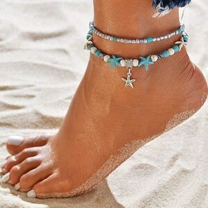 BOHO Starfish Beach Blue Beaded Layered Sea Anklet Bracelet NWT